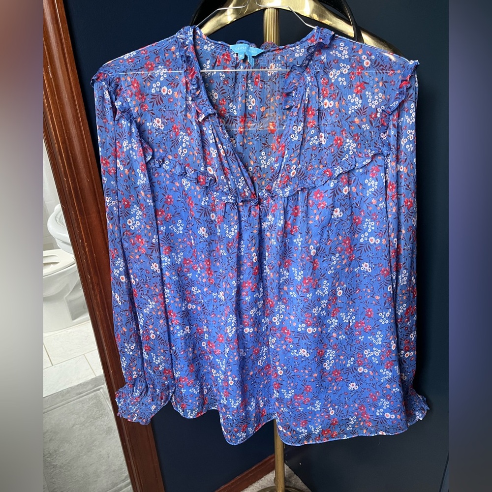 Draper James Women's Periwinkle Blue Floral Long-Sleeve Ruffle Blouse- Size 3X